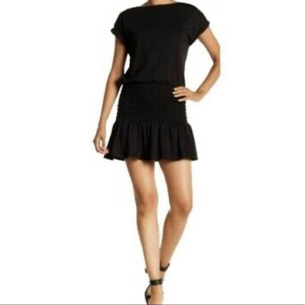 Black smocked mini dress